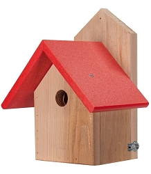 Cedar Post Mount Chickadee/Wren House with Recycled Poly Roof Red