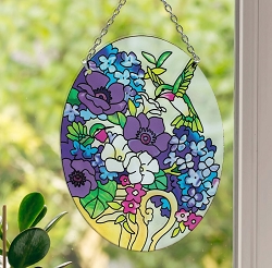 Indigo Hydrangea & Hummingbird Oval Suncatcher Medium