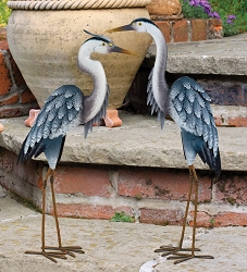 Blue Heron Metal Garden Art Sculpture Set Head Up & Down  