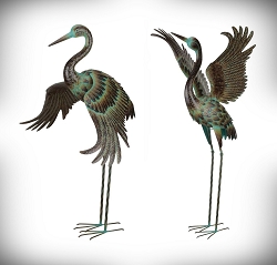 Green Patina Crane Metal Garden Art Sculpture Set Wings Down & Up 