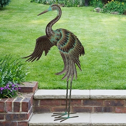 Green Patina Crane Metal Garden Art Sculpture Wings Down