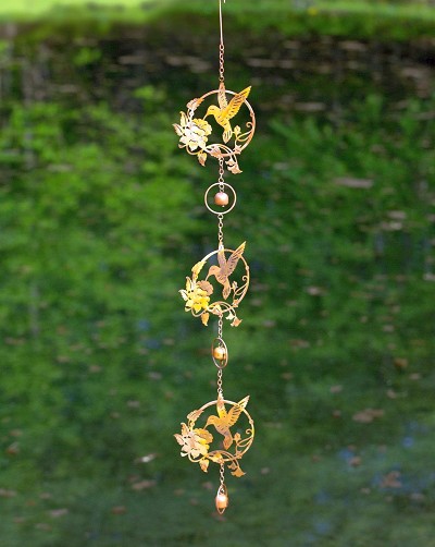 Flamed Copper Triple Hummingbird and Lily Hanging Ornamen 