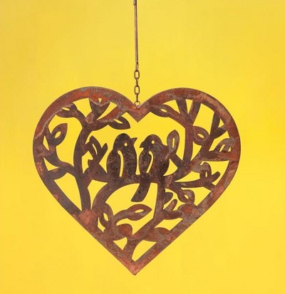 Flamed Copper Hanging Openwork Lovebirds Heart Ornament 