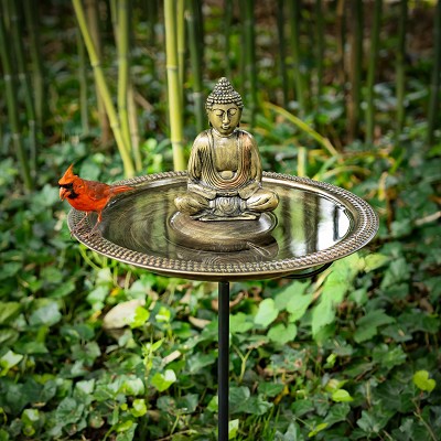 Beaded 18" Solid Copper Birdbath with Meditating Buddha and Garden Stake 