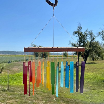 Color Spectrum Glass and Driftwood Wind Chime 