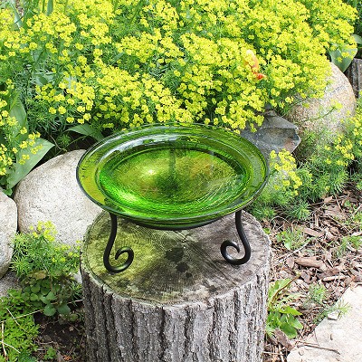Crackle Glass Bird Bath 12" Fern Green with Short Stand 