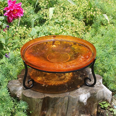 Crackle Glass Bird Bath 14" Mandarin with Short Stand II 