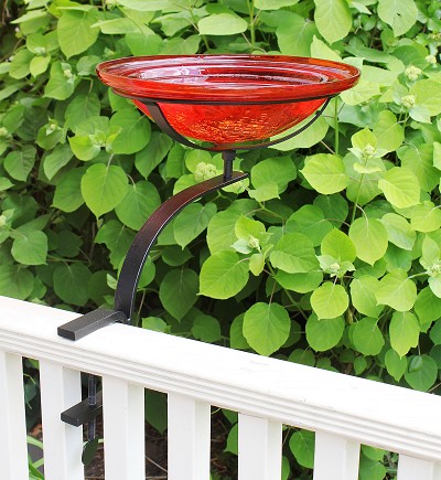 Crackle Glass Birdbath 12" Red w/Rail Mount Bracket 