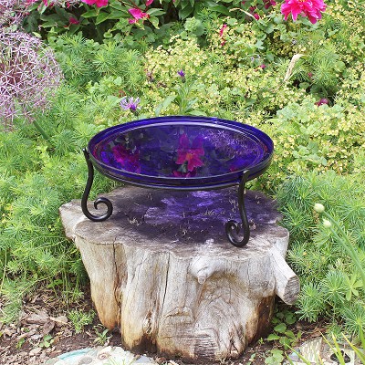 Crackle Glass Bird Bath 14" Cobalt Blue with Short Stand II 