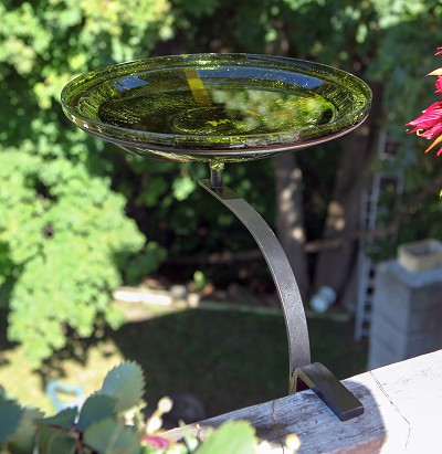 Crackle Glass Birdbath 14" Fern Green w/Rail Mount Bracket 