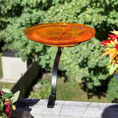 Crackle Glass Birdbath 14" Mandarin w/Rail Mount Bracket 