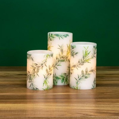LED Flameless Candle Greenery Bough Pillar 3-Piece 