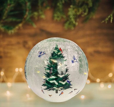 Crackle Glass LED Globe 6 Inch Birds on a Tree 