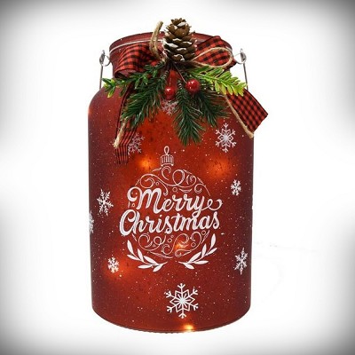 Merry Christmas 10 Inch Red Glass Canister with LED String Lights 