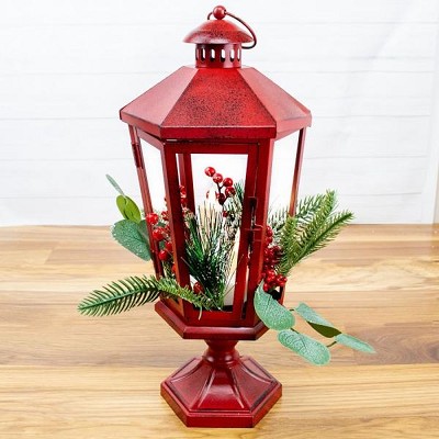 Red Metal Pedestal Lantern with LED Candle Tapers 