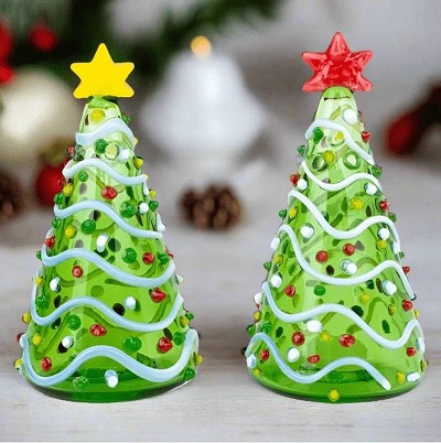 Blown Glass Christmas Tree Green Salt & Pepper Shaker Set of 4 