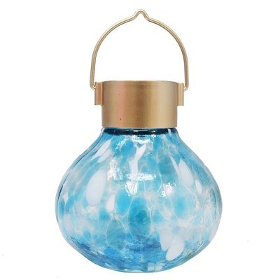 Solar Blown Glass Lantern White & Blue 