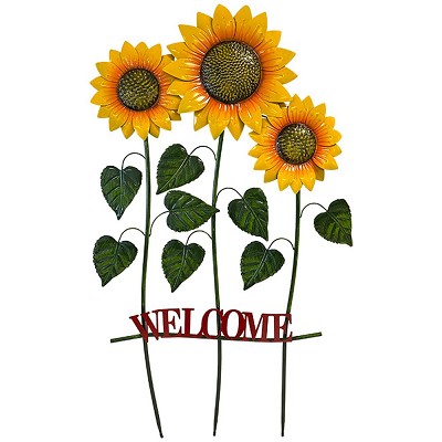 Tall Metal Triple Sunflowers Welcome Yard Art 