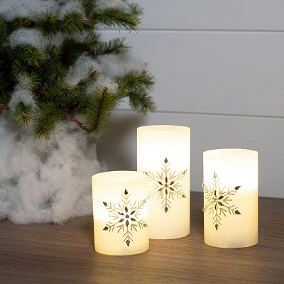 LED Flameless Candle Snowflake Pillar 3-Piece w/Timer 