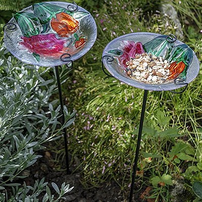 Tulip Fields Glass Birdbath/Bird Feeder Stake Set of 2   