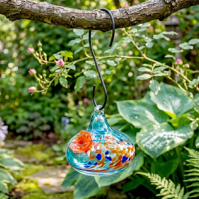 Teardrop Blue Blown Glass Hummingbird Feeder 