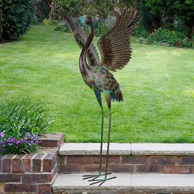 Green Patina Crane Metal Garden Art Sculpture Wings Up 