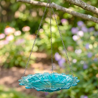 EcoCycle Turquoise Dahlia Combination Hanging Glass Birdbath/Bird Feeder 11" 