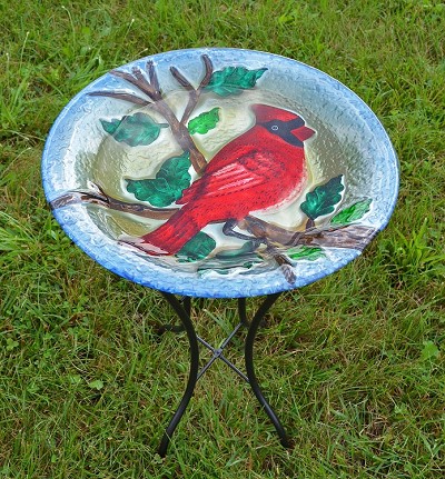 Majestic Cardinal Embossed Glass Birdbath with Stand 