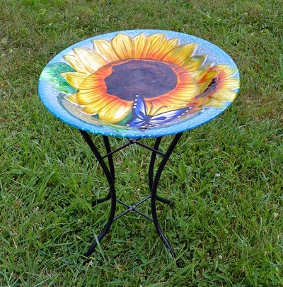 Blooming Sunflower Embossed Glass Birdbath with Stand 
