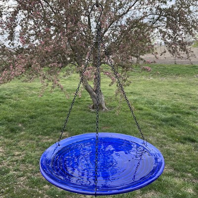Cobalt Swirls Embossed Hanging Glass Birdbath 
