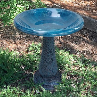 Tierra Garden Azure Blue Fiber Clay Bird Bath with Pedestal Base 