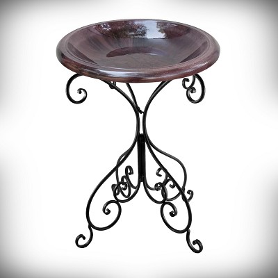 Tierra Garden Antique Brown Fiber Clay Bird Bath with Deluxe Black Metal Base 