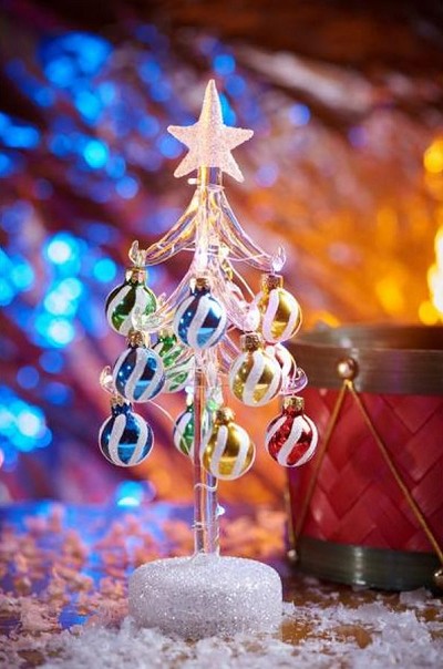 Miniature Glass 10" LED Christmas Tree Clear with Swirl Ornaments 