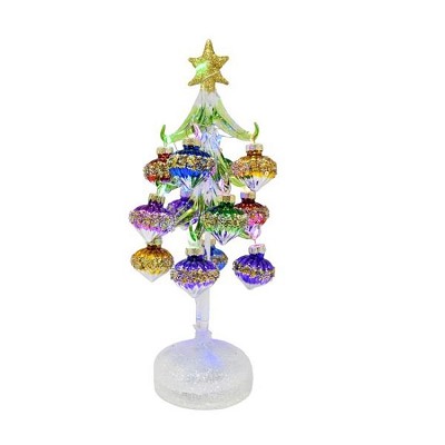 Miniature Glass 10" LED Christmas Tree Green with Teardrop Ornaments 